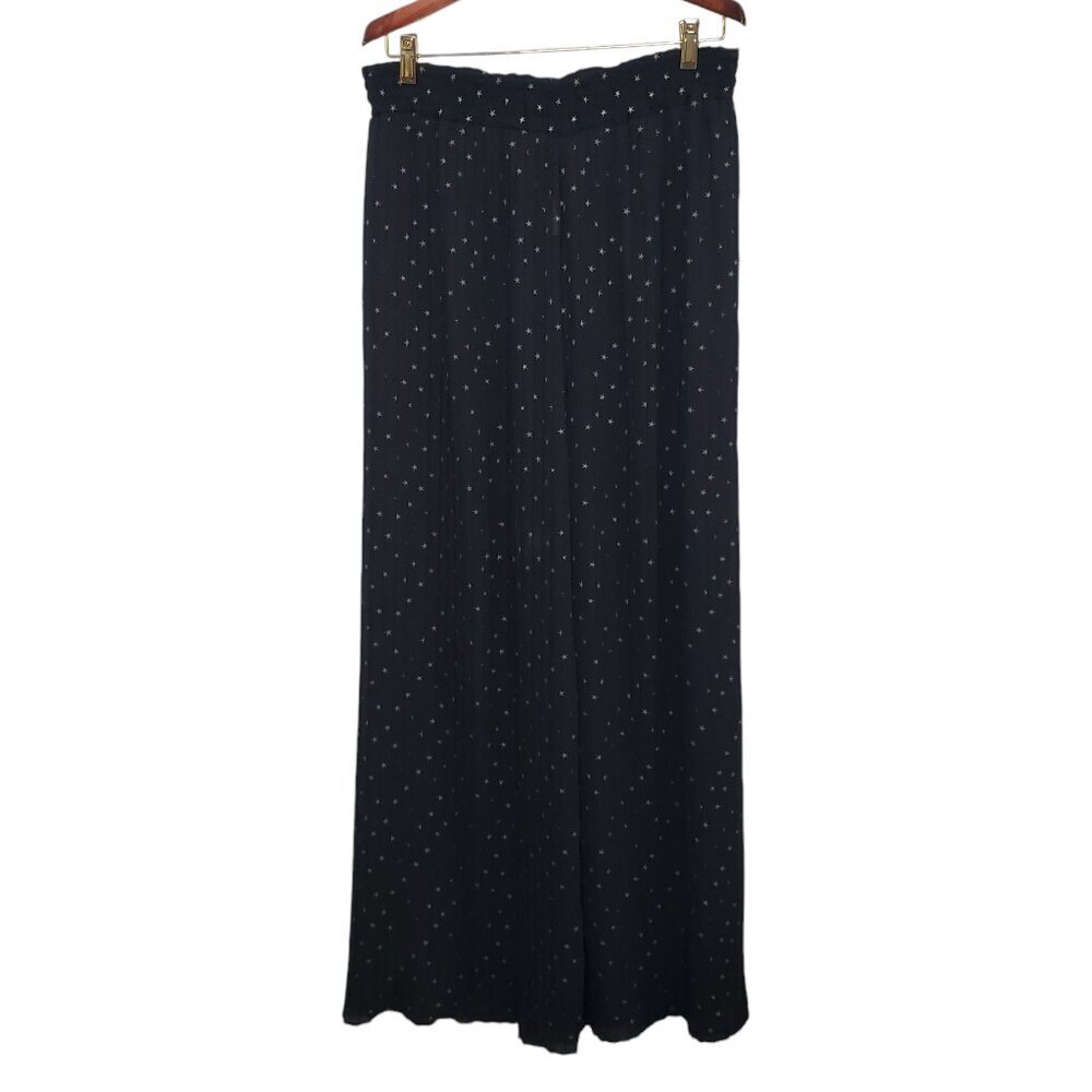 Pleated Sheer Wide Leg Pants Women's Size Medium Pull On Stars Black Gold
